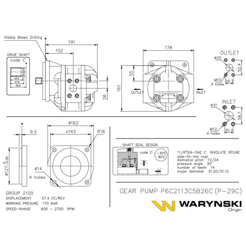 Pompa hydrauliczna P-029C P6C2113C5B26C P2C2113C5B26C Waryński