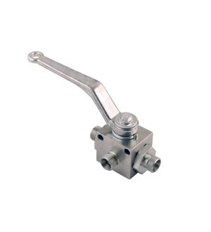 Zawór kulowy hydrauliczny 3-drogowy 3/2 M16x1.5 10L z otworami mocującymi 500 bar Waryński