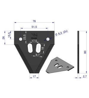 Nóż żniwny 80x76x2.7mm otwór 6.5 zastosowanie 1096606 420100046 Schumacher WARYŃSKI ( sprzedawane po 25 )