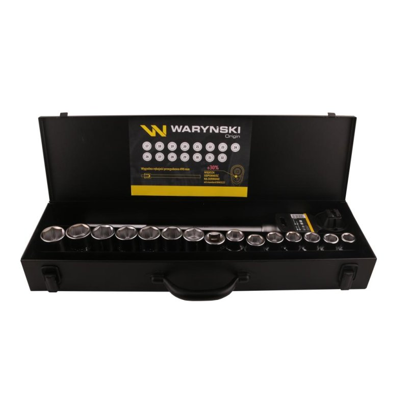 Zestaw nasadek 3/4 z odporną grzechotką i rękojeścią przegubową 17 el Waryński