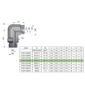 Kolanko hydrauliczne nastawne BB M18x1.5 12L x 3/8"BSP z regulacją Waryński ( sprzedawane po 2 )