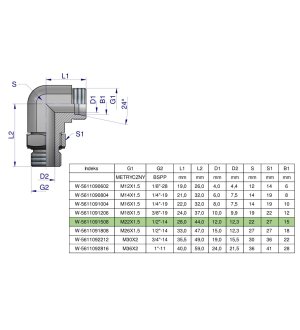 Kolanko hydrauliczne nastawne BB M22x1.5 15L x 1/2"BSP z regulacją Waryński ( sprzedawane po 2 )