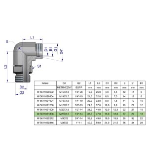 Kolanko hydrauliczne nastawne BB M26x1.5 18L x 1/2"BSP z regulacją Waryński
