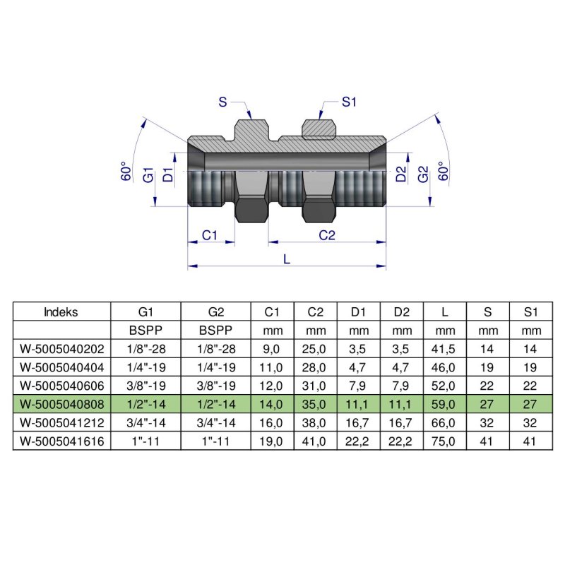 Złączka hydrauliczna calowa grodziowa BB 1/2" BSP z przeciwnakrętką (XSV) Waryński ( sprzedawane po 2 )