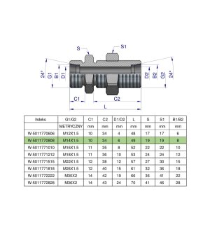 Złączka hydrauliczna metryczna grodziowa BB M14x1.5 08L z przeciwnakrętką (XSV) Waryński ( sprzedawane po 2 )