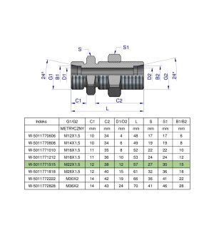 Złączka hydrauliczna metryczna grodziowa BB M22x1.5 15L z przeciwnakrętką (XSV) Waryński ( sprzedawane po 2 )