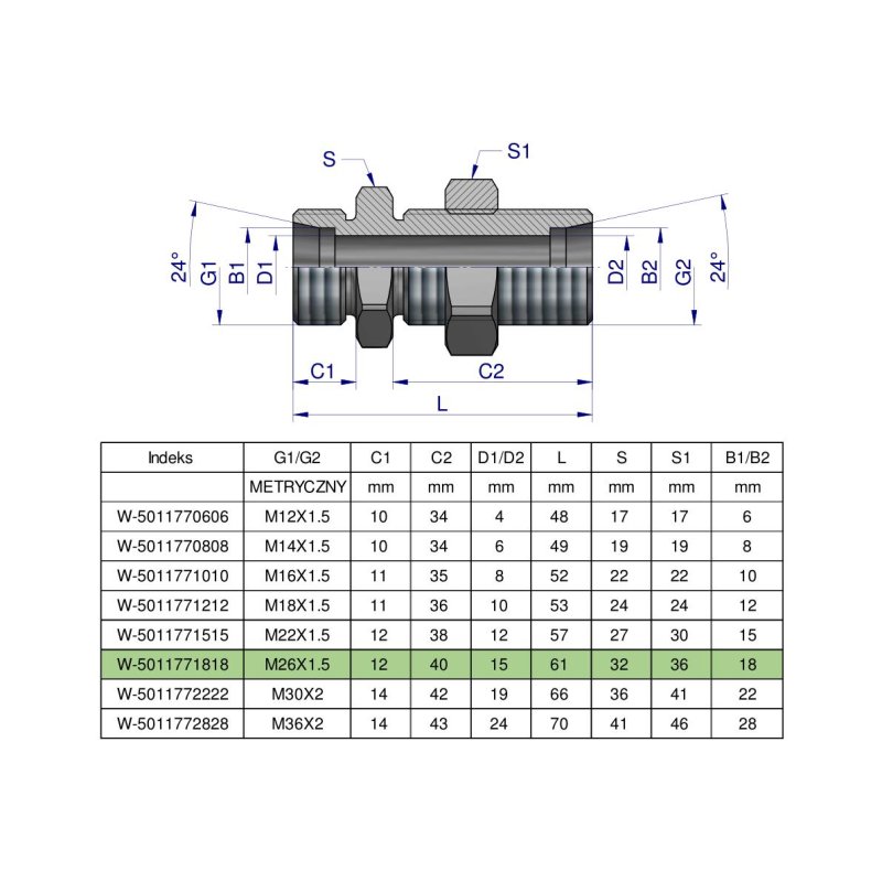 Złączka hydrauliczna metryczna grodziowa BB M26x1.5 18L z przeciwnakrętką (XSV) Waryńśki