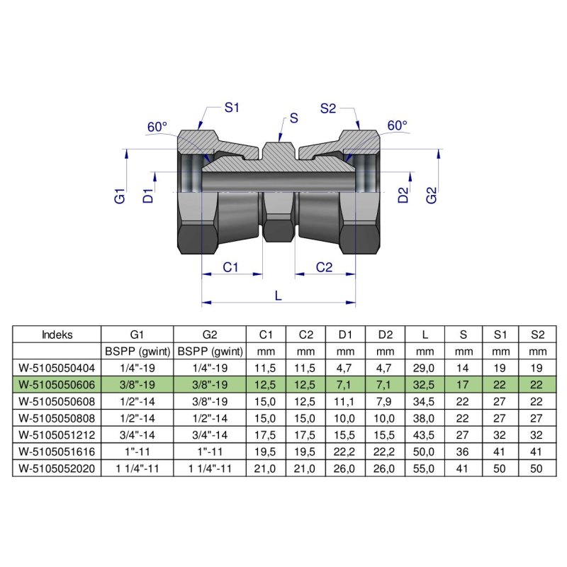 Złączka hydrauliczna calowa AA 3/8" BSP Waryński ( sprzedawane po 2 )