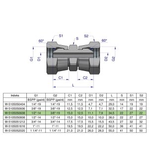 Złączka hydrauliczna redukcyjna calowa AA 3/8" x 1/2" BSP Waryński ( sprzedawane po 2 )