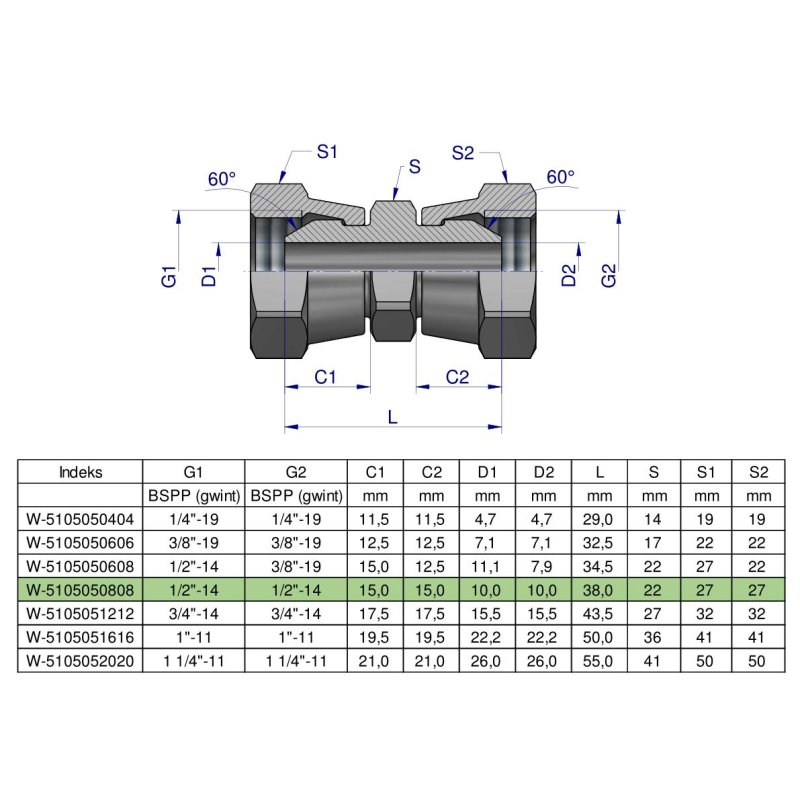 Złączka hydrauliczna calowa AA 1/2" BSP Waryński ( sprzedawane po 2 )