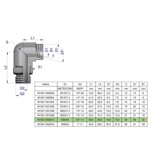 Kolanko hydrauliczne nastawne BB M30x2 22L x 3/4"BSP z regulacją Waryński