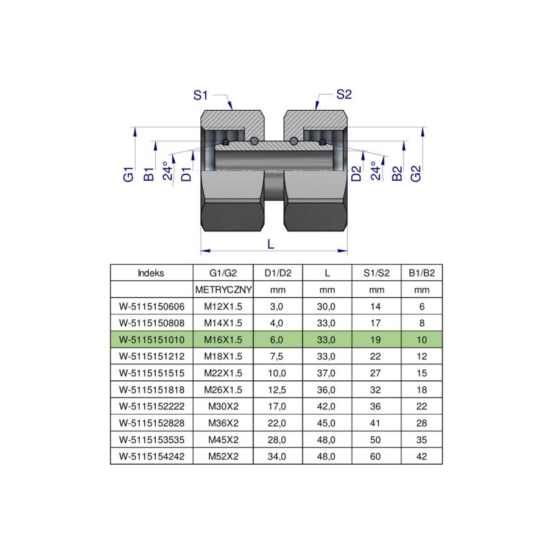 Złączka hydrauliczna metryczna AA M16x1.5 10L Waryński ( sprzedawane po 5 )