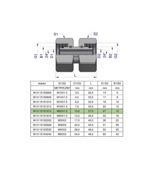 Złączka hydrauliczna metryczna AA M22x1.5 15L Waryński ( sprzedawane po 5 )