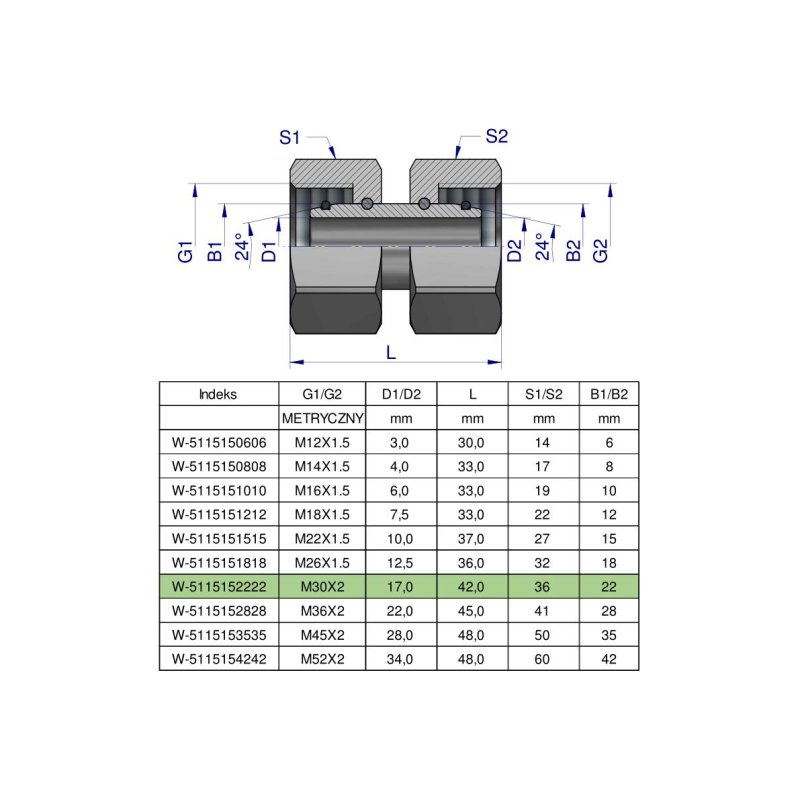 Złączka hydrauliczna metryczna AA M30x2 22L Waryński