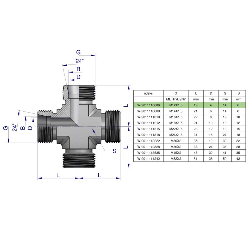 Czwórnik hydrauliczny metryczny BBBB M12x1.5 06L Waryński