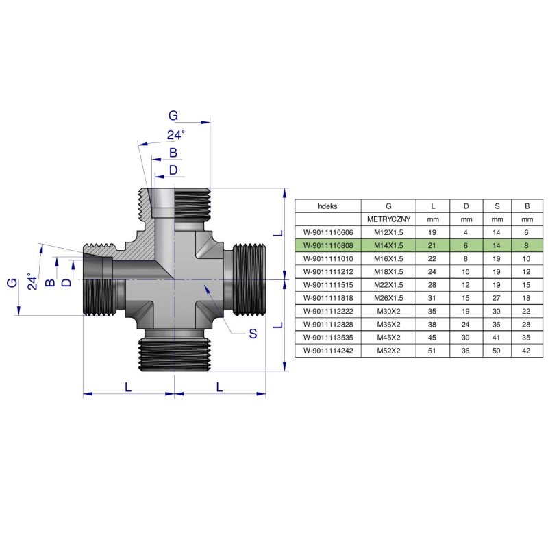 Czwórnik hydrauliczny metryczny BBBB M14x1.5 08L Waryński