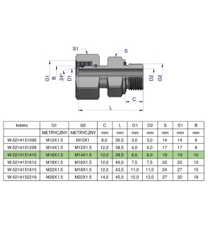Przyłączka hydrauliczna metryczna AB (EVGE) M16x1.5 10L x M14x1.5 ED Waryński ( sprzedawane po 2 )