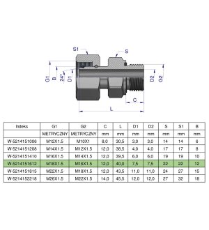 Przyłączka hydrauliczna metryczna AB (EVGE) M18x1.5 12L x M16x1.5 ED Waryński ( sprzedawane po 2 )