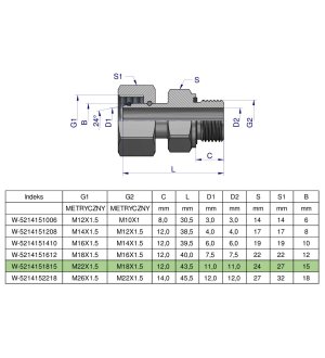 Przyłączka hydrauliczna metryczna AB (EVGE) M22x1.5 15L x M18x1.5 ED Waryński ( sprzedawane po 2 )
