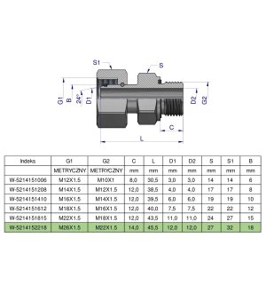 Przyłączka hydrauliczna metryczna AB (EVGE) M26x1.5 18L x M22x1.5 ED Waryński ( sprzedawane po 2 )