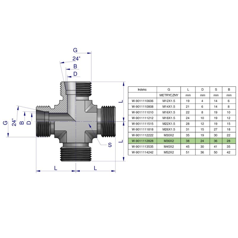 Czwórnik hydrauliczny metryczny BBBB M36x2 28L Waryński