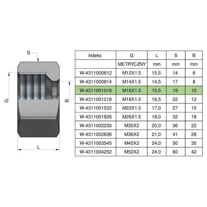 Nakrętka hydrauliczna metryczna (M10L) M16x1.5 10L Waryński ( sprzedawane po 20 )