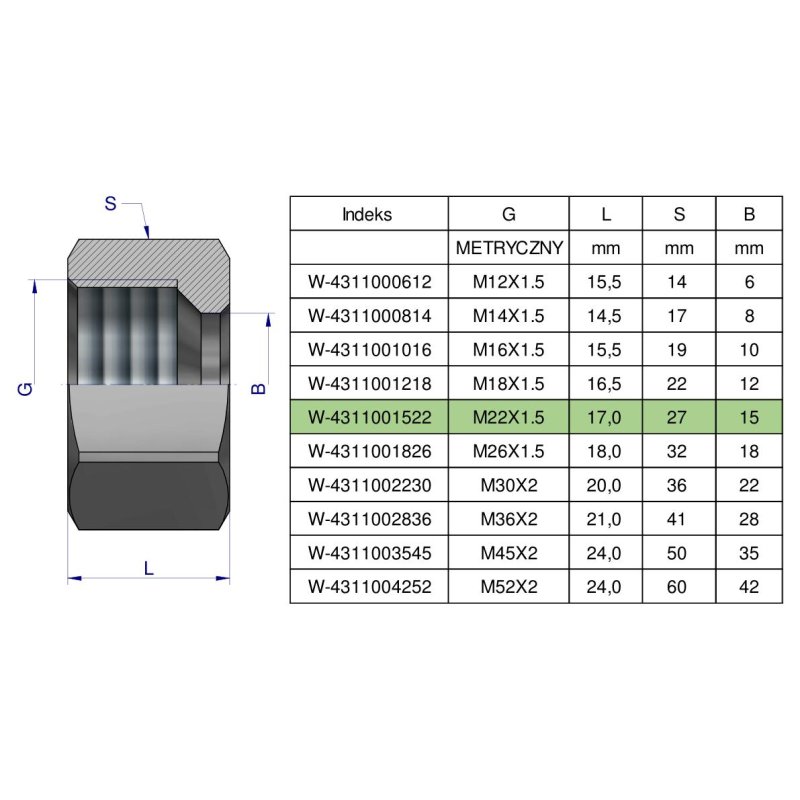 Nakrętka hydrauliczna metryczna (M15L) M22x1.5 15L Waryński ( sprzedawane po 20 )