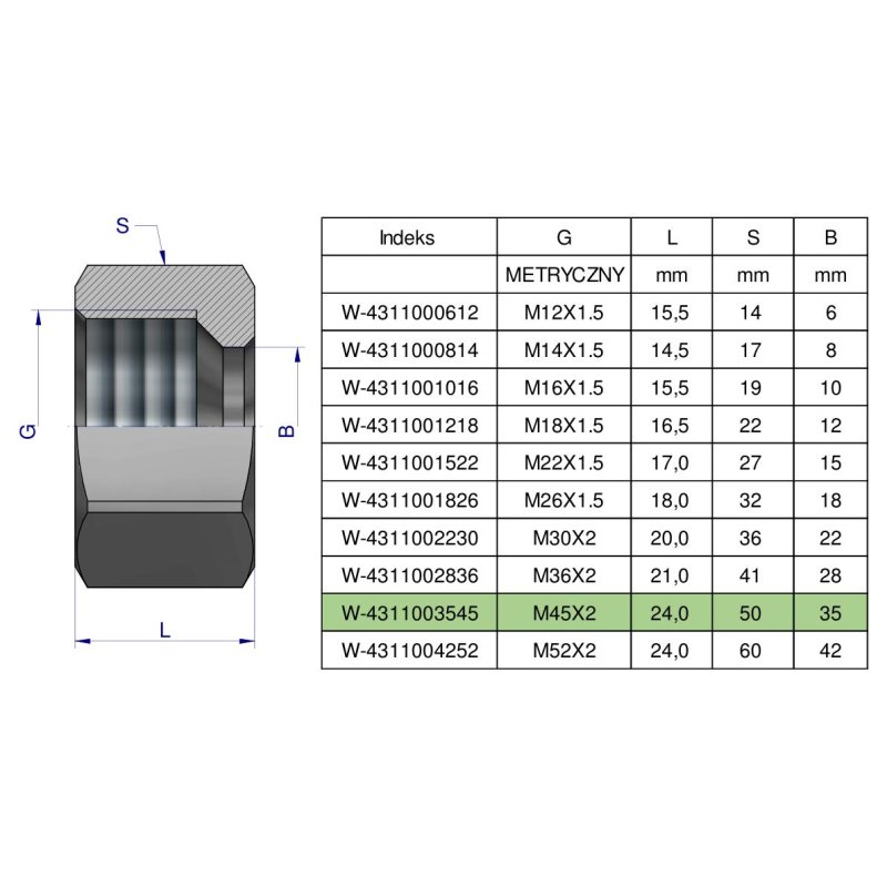 Nakrętka hydrauliczna metryczna (M35L) M45x2 35L Waryński ( sprzedawane po 2 )