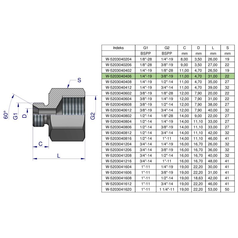 Tulejka różnicowa hydrauliczna calowa AB 1/4"GZ x 3/8"GW BSP Waryński ( sprzedawane po 2 )