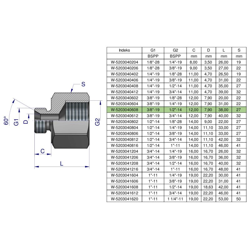 Tulejka różnicowa hydrauliczna calowa AB 3/8"GZ x 1/2"GW BSP Waryński ( sprzedawane po 2 )