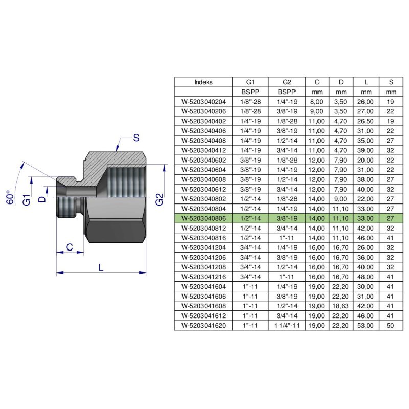 Tulejka różnicowa hydrauliczna calowa AB 1/2"GZ x 3/8"GW BSP Waryński ( sprzedawane po 2 )