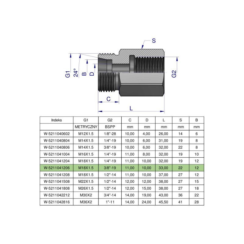 Tulejka różnicowa hydrauliczna AB M18x1.5 12L GZ x 3/8" BSP Waryński ( sprzedawane po 2 )