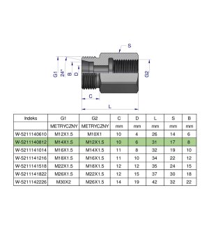 Tulejka różnicowa hydrauliczna metryczna AB M14x1.5 08L GZ x M12x1.5 GW Waryński ( sprzedawane po 2 )