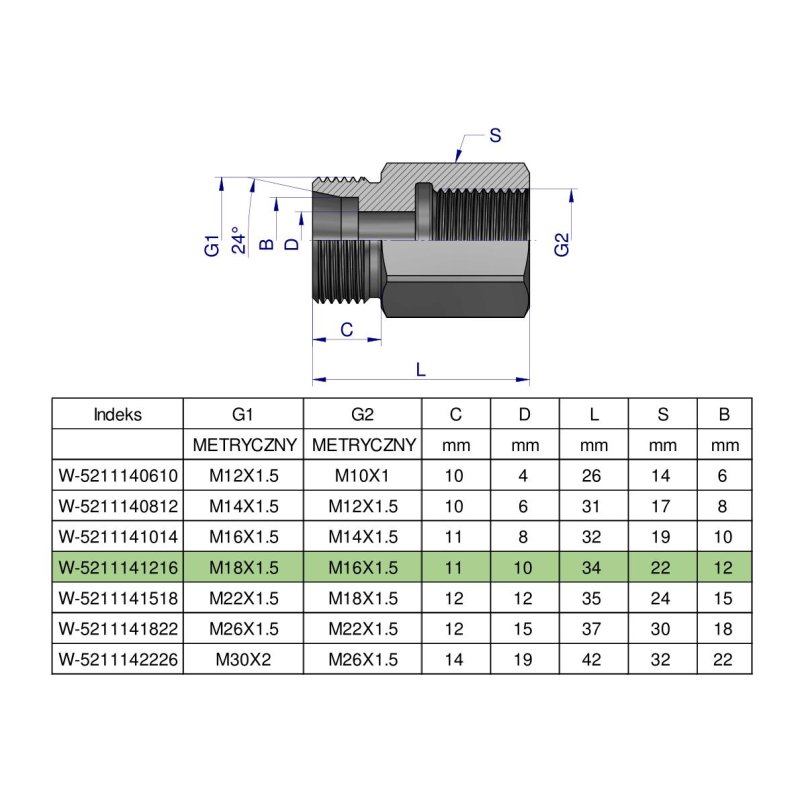 Tulejka różnicowa hydrauliczna metryczna AB M18x1.5 12L GZ x M16x1.5 GW Waryński ( sprzedawane po 2 )