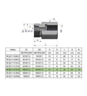 Tulejka różnicowa hydrauliczna metryczna AB M22x1.5 15L GZ x M18x1.5 GW Waryński ( sprzedawane po 2 )