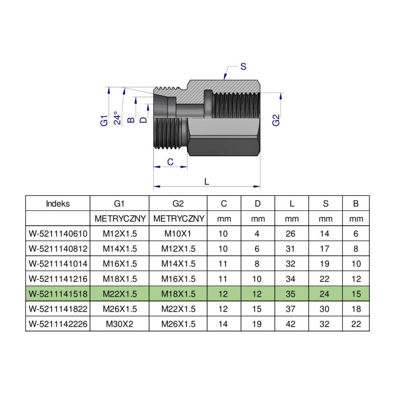 Tulejka różnicowa hydrauliczna metryczna AB M22x1.5 15L GZ x M18x1.5 GW Waryński ( sprzedawane po 2 )
