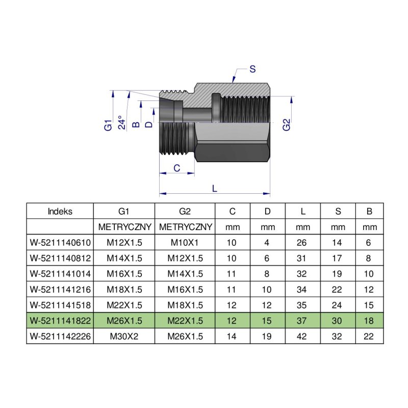 Tulejka różnicowa hydrauliczna metryczna AB M26x1.5 18L GZ x M22x1.5 GW Waryński