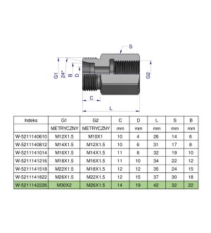 Tulejka różnicowa hydrauliczna metryczna AB 30x2 22L GZ x M26x1.5 GW Waryński