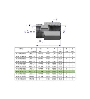 Tulejka różnicowa hydrauliczna AB M22x1.5 15L GZ x 1/2" BSP Waryński ( sprzedawane po 2 )