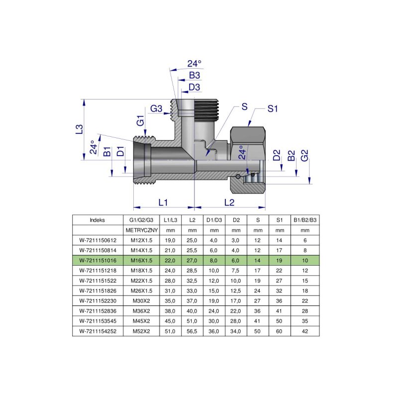 Trójnik hydrauliczny niesymetryczny metryczny BBA M16x1.5 10L (XEVL) Waryński ( sprzedawane po 2 )