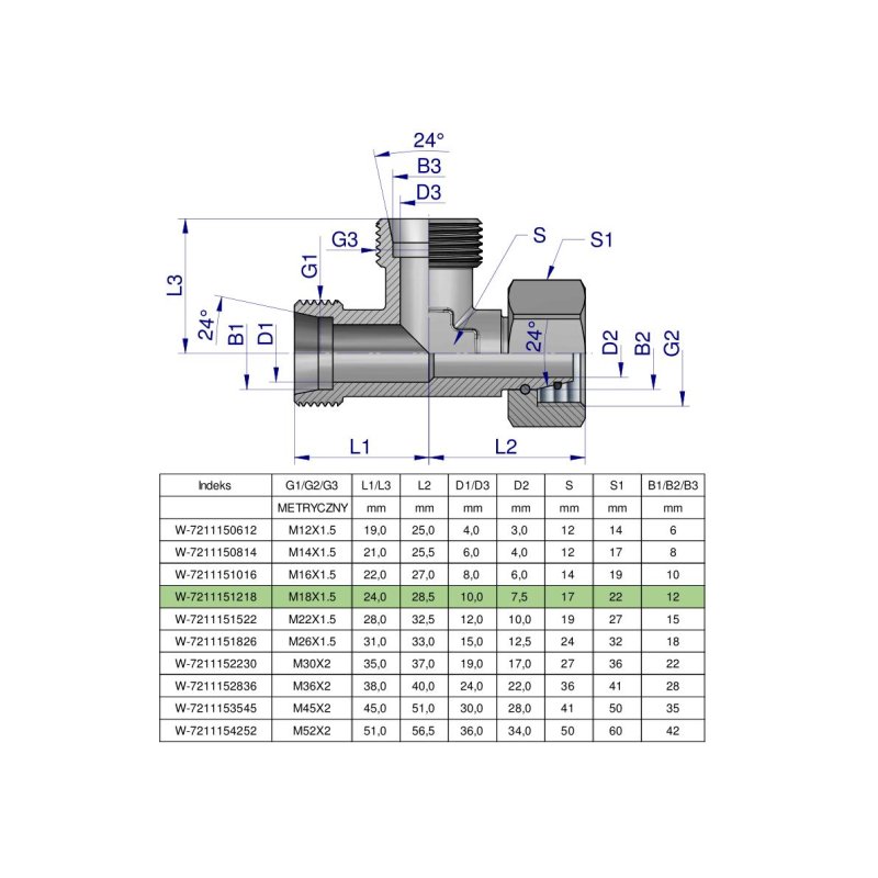 Trójnik hydrauliczny niesymetryczny metryczny BBA M18x1.5 12L (XEVL) Waryński ( sprzedawane po 5 )