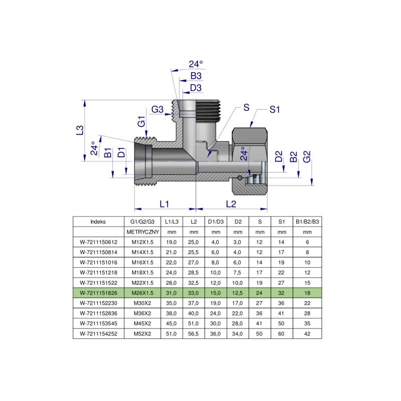 Trójnik hydrauliczny niesymetryczny metryczny BBA M26x1.5 18L (XEVL) Waryński