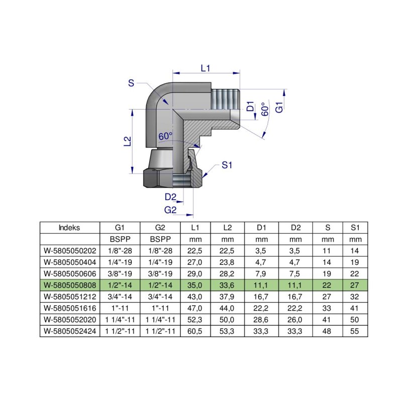 Kolanko hydrauliczne calowe AB 1/2" BSP Waryński