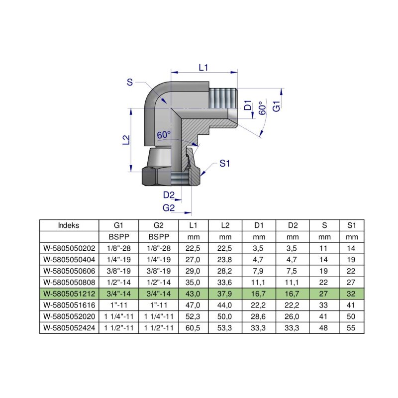 Kolanko hydrauliczne calowe AB 3/4" BSP Waryński