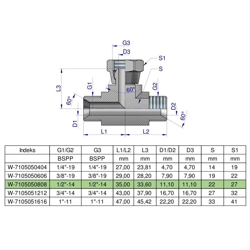 Trójnik hydrauliczny symetryczny calowy BAB 1/2" BSP (XEVT) Waryński