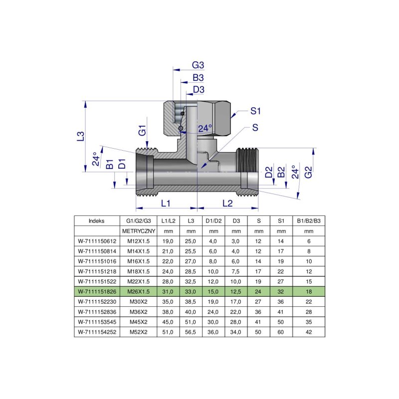 Trójnik hydrauliczny symetryczny metryczny BAB M26x1.5 18L (XEVT) Waryński