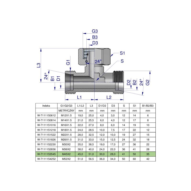 Trójnik hydrauliczny symetryczny metryczny BAB M45x2 35L (XEVT) Waryński