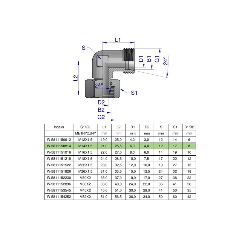 Kolanko hydrauliczne metryczne AB M14x1.5 08L (XEVW) Waryński ( sprzedawane po 2 )
