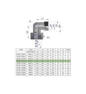 Kolanko hydrauliczne metryczne AB M18x1.5 12L (XEVW) Waryński ( sprzedawane po 5 )