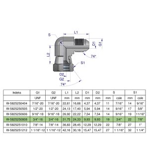 Kolanko hydrauliczne calowe AB 3/4" UNF (JIC) Waryński